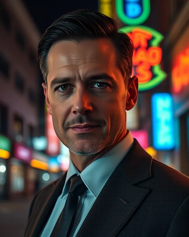 Neon detective: example AI influencer portrait