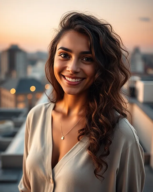 Rooftop evening: example AI influencer portrait