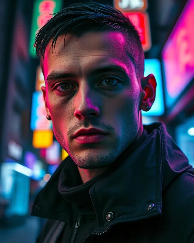 Techwear noir: example AI influencer portrait